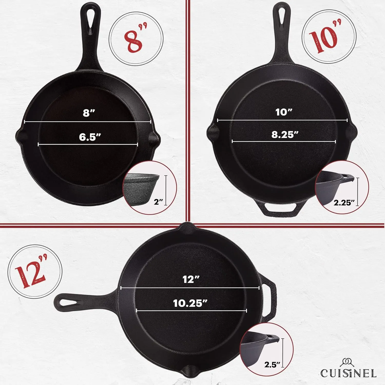 Cuisinel Cast Iron Skillet Set - 8"   10"   12"-Inch Pre-Seasoned Frying Pans   Silicone Handle Grip Covers - Use Indoor/Outdoor, Oven, Grill, Stove, BBQ, Fire, Induction - Kitchen/Camping Cookware