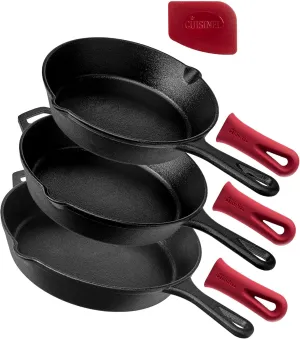 Cuisinel Cast Iron Skillet Set - 8"   10"   12"-Inch Pre-Seasoned Frying Pans   Silicone Handle Grip Covers - Use Indoor/Outdoor, Oven, Grill, Stove, BBQ, Fire, Induction - Kitchen/Camping Cookware