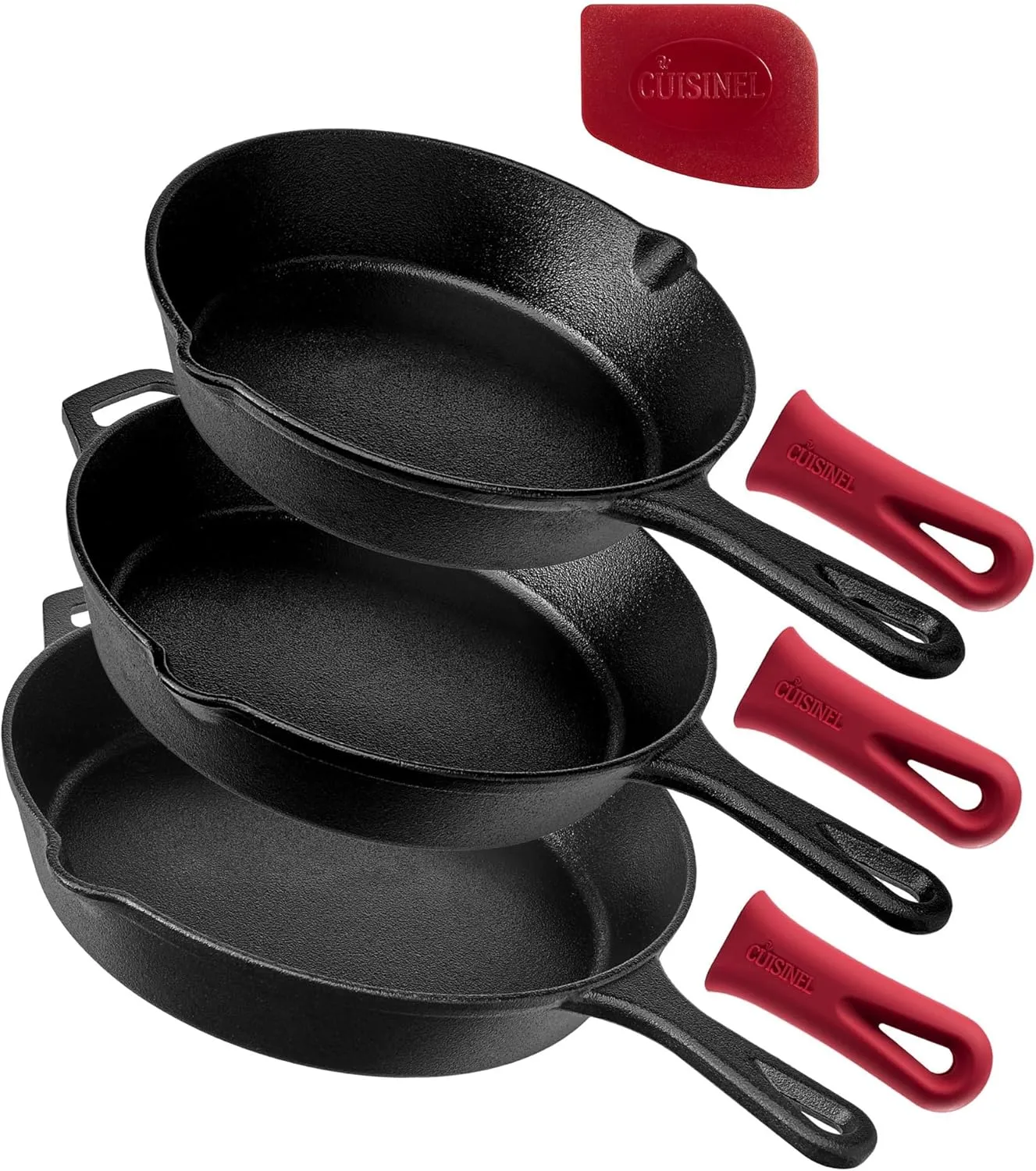 Cuisinel Cast Iron Skillet Set - 8"   10"   12"-Inch Pre-Seasoned Frying Pans   Silicone Handle Grip Covers - Use Indoor/Outdoor, Oven, Grill, Stove, BBQ, Fire, Induction - Kitchen/Camping Cookware
