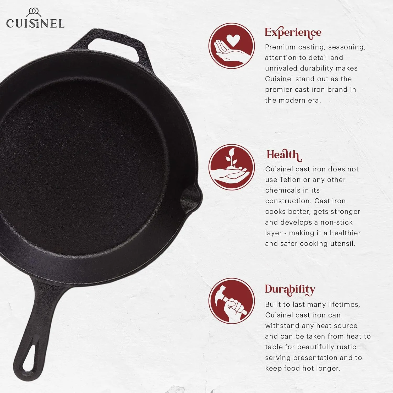 Cuisinel Cast Iron Skillet Set - 8"   10"   12"-Inch Pre-Seasoned Frying Pans   Silicone Handle Grip Covers - Use Indoor/Outdoor, Oven, Grill, Stove, BBQ, Fire, Induction - Kitchen/Camping Cookware