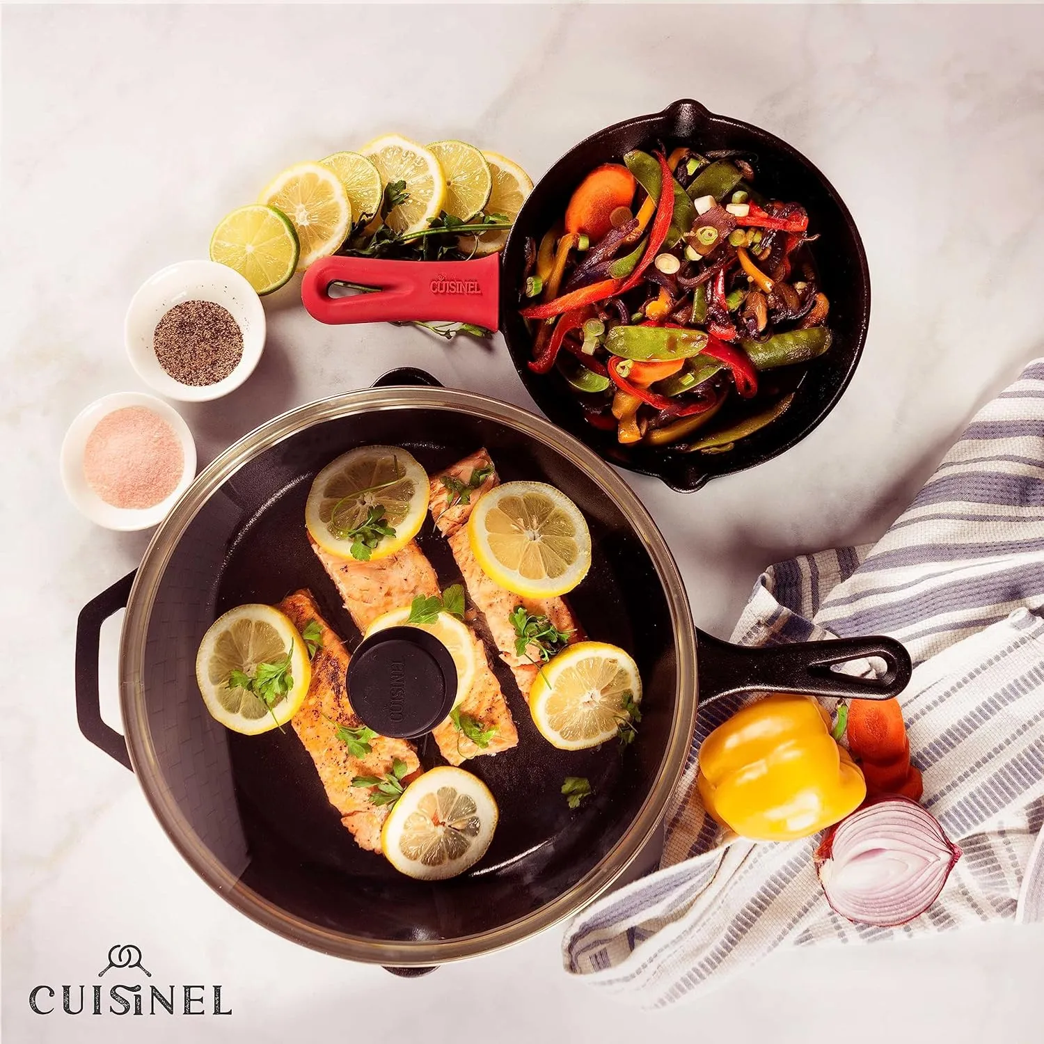 Cuisinel Cast Iron Skillet Set - 8"   12"-Inch Frying Pan   Glass Lids - Pre-Seasoned Cookware - Heat-Resistant Holders - Indoor/Outdoor Use - Camping, Grill, Stove, BBQ, Firepit, Induction, Oven Safe