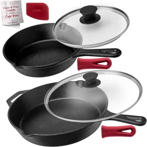 Cuisinel Cast Iron Skillet Set - 8"   12"-Inch Frying Pan   Glass Lids - Pre-Seasoned Cookware - Heat-Resistant Holders - Indoor/Outdoor Use - Camping, Grill, Stove, BBQ, Firepit, Induction, Oven Safe