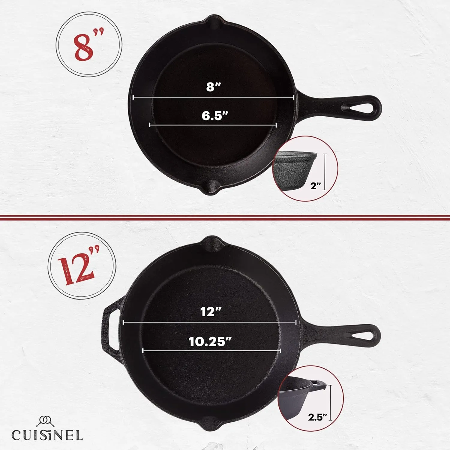 Cuisinel Cast Iron Skillet Set - 8"   12"-Inch Frying Pan   Glass Lids - Pre-Seasoned Cookware - Heat-Resistant Holders - Indoor/Outdoor Use - Camping, Grill, Stove, BBQ, Firepit, Induction, Oven Safe