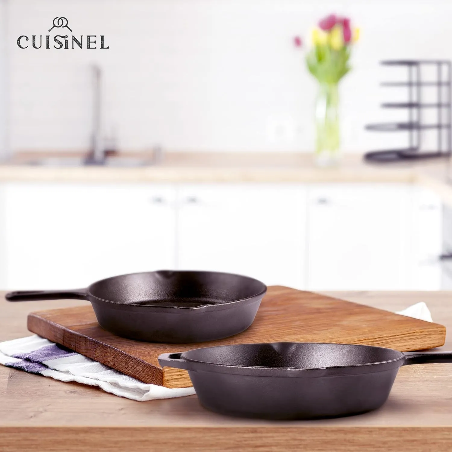 Cuisinel Cast Iron Skillet Set - 8"   12"-Inch Frying Pan   Glass Lids - Pre-Seasoned Cookware - Heat-Resistant Holders - Indoor/Outdoor Use - Camping, Grill, Stove, BBQ, Firepit, Induction, Oven Safe