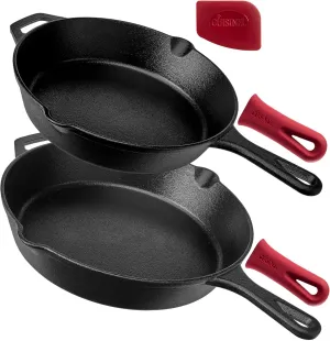 Cuisinel Cast Iron Skillets Set - 10"   12"-Inch Pre-Seasoned Frying Pans   Removable Silicone Handle Holder Grips   Pan Scraper - Oven-Safe Cookware Kit   Accessories   Handle Helper