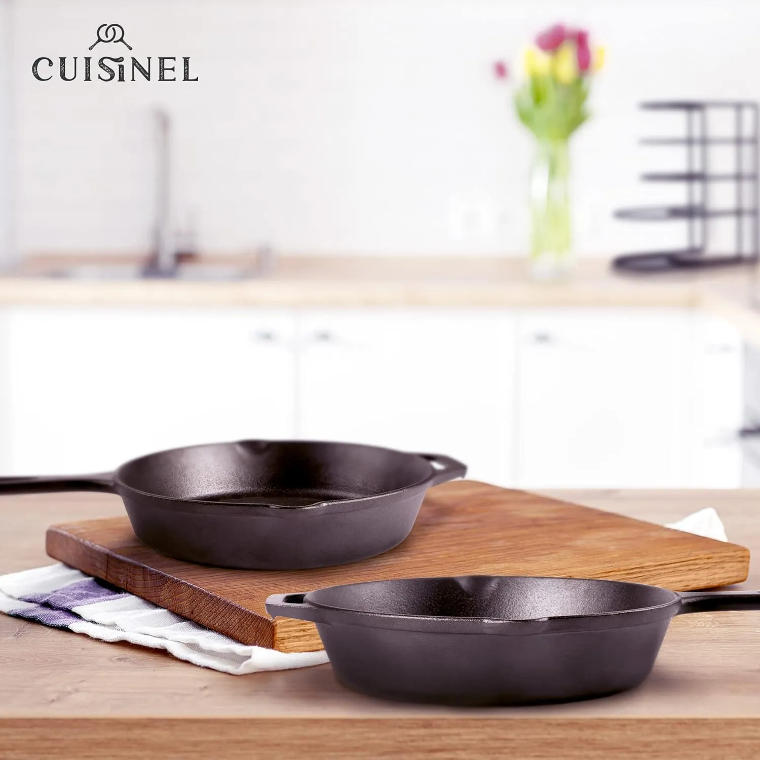 Cuisinel Cast Iron Skillets Set - 10"   12"-Inch Pre-Seasoned Frying Pans   Removable Silicone Handle Holder Grips   Pan Scraper - Oven-Safe Cookware Kit   Accessories   Handle Helper