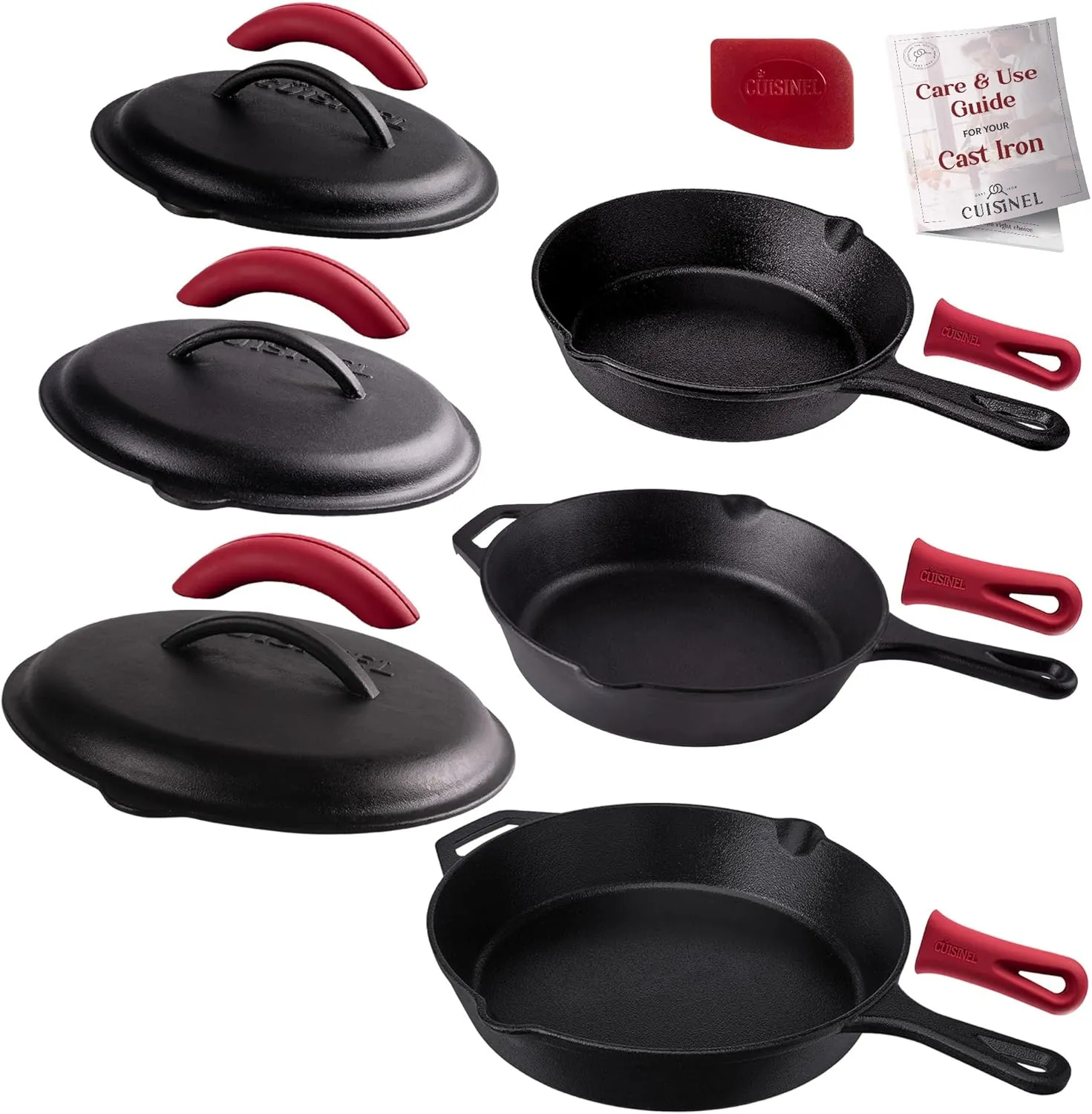 Cuisinel Cast Iron Skillets Set with Lids - 8" 10" 12"-inch Pre-Seasoned Covered Frying Pan Set   Silicone Handle and Lid Holders   Scraper/Cleaner - Use Cookware Indoor/Outdoor, Oven, Stovetop, Fire