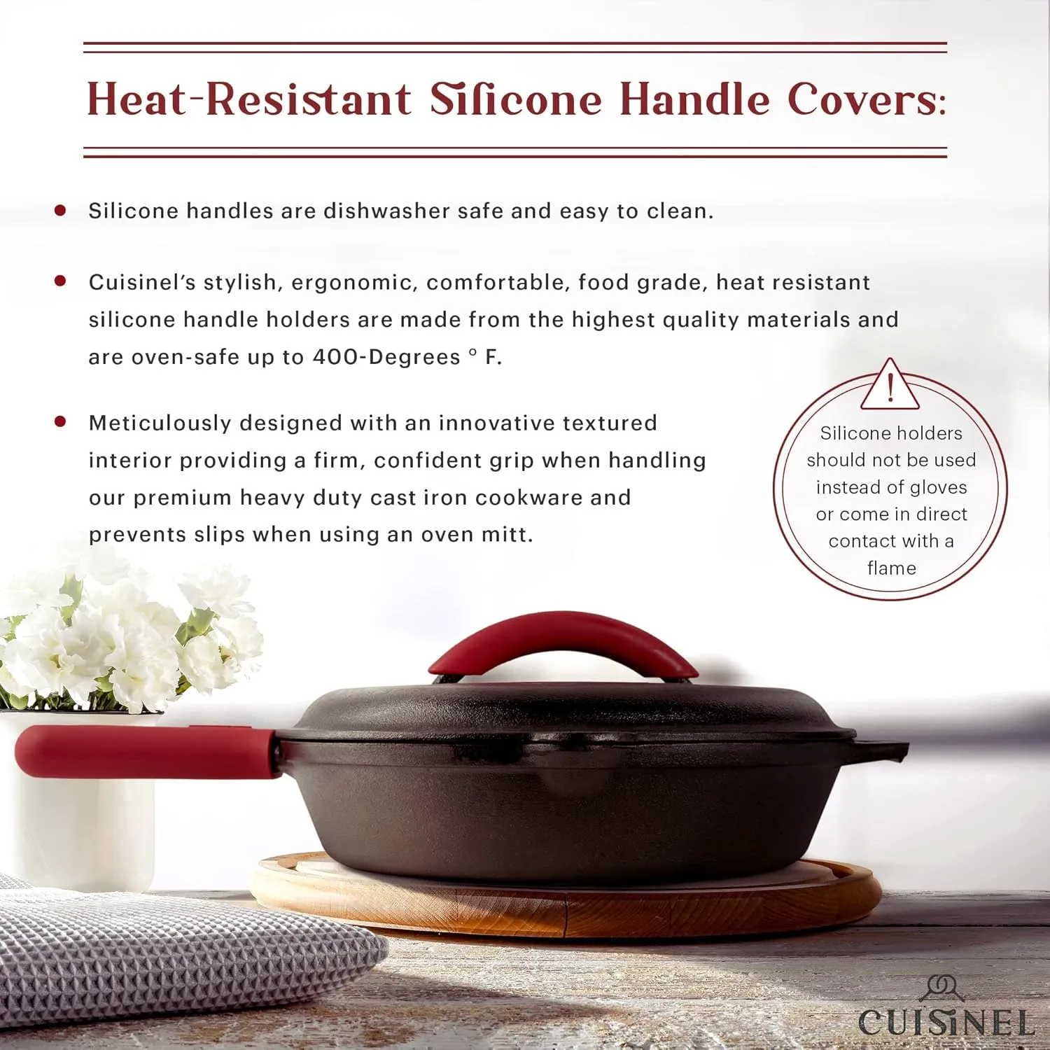 Cuisinel Cast Iron Skillets Set with Lids - 8" 10" 12"-inch Pre-Seasoned Covered Frying Pan Set   Silicone Handle and Lid Holders   Scraper/Cleaner - Use Cookware Indoor/Outdoor, Oven, Stovetop, Fire