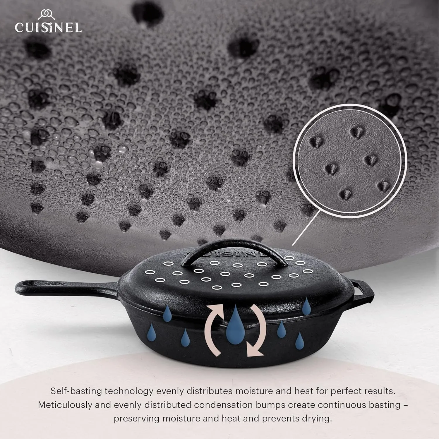 Cuisinel Cast Iron Skillets Set with Lids - 8" 10" 12"-inch Pre-Seasoned Covered Frying Pan Set   Silicone Handle and Lid Holders   Scraper/Cleaner - Use Cookware Indoor/Outdoor, Oven, Stovetop, Fire