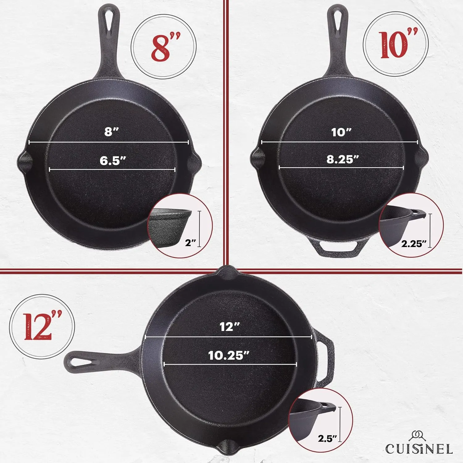 Cuisinel Cast Iron Skillets Set with Lids - 8" 10" 12"-inch Pre-Seasoned Covered Frying Pan Set   Silicone Handle and Lid Holders   Scraper/Cleaner - Use Cookware Indoor/Outdoor, Oven, Stovetop, Fire