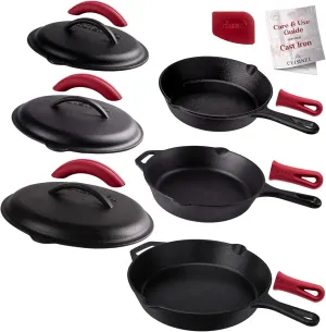 Cuisinel Cast Iron Skillets Set with Lids - 8" 10" 12"-inch Pre-Seasoned Covered Frying Pan Set   Silicone Handle and Lid Holders   Scraper/Cleaner - Use Cookware Indoor/Outdoor, Oven, Stovetop, Fire