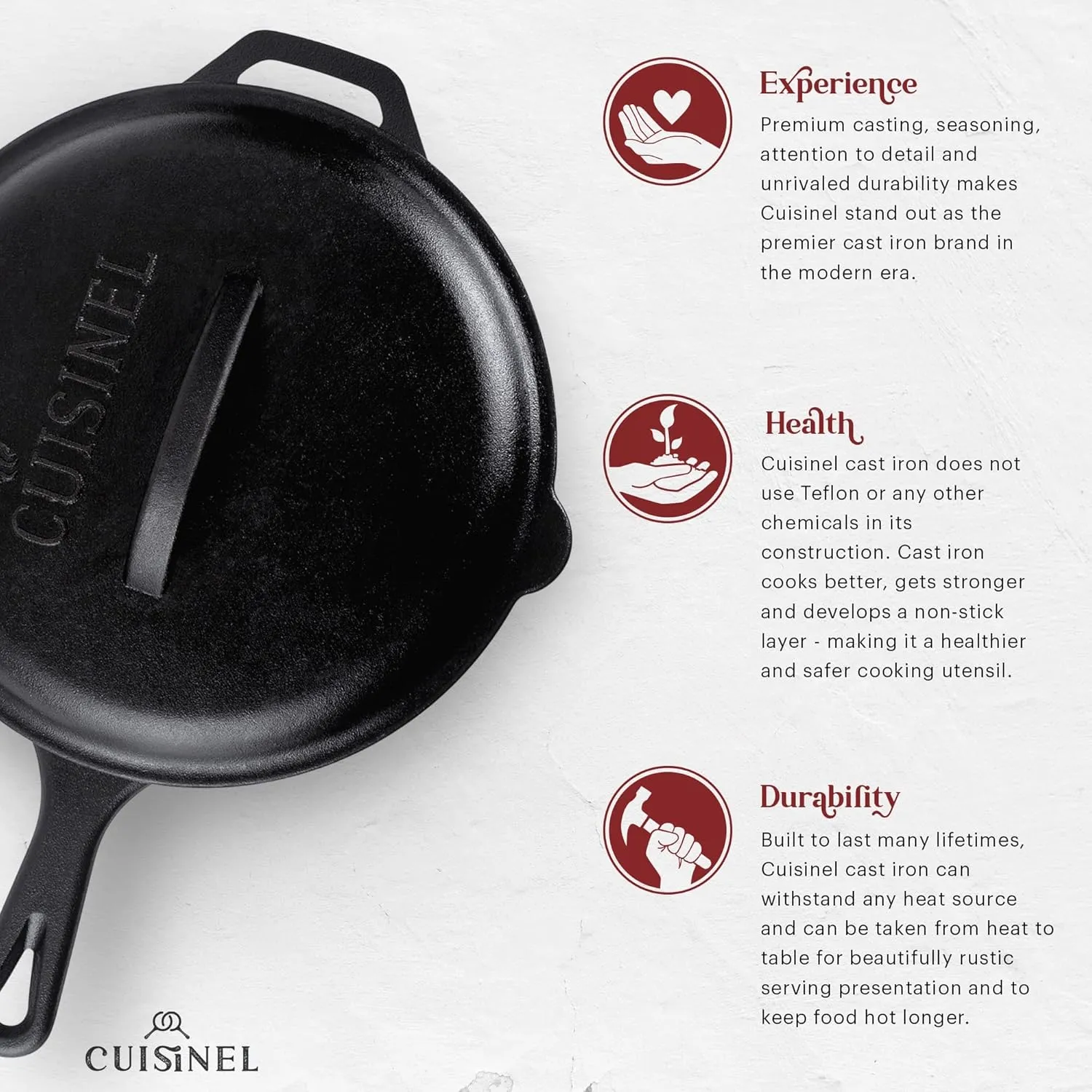 Cuisinel Cast Iron Skillets Set with Lids - 8" 10" 12"-inch Pre-Seasoned Covered Frying Pan Set   Silicone Handle and Lid Holders   Scraper/Cleaner - Use Cookware Indoor/Outdoor, Oven, Stovetop, Fire