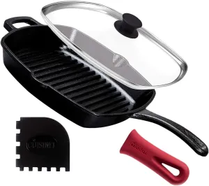 Cuisinel Cast Iron Square Grill Pan   Glass Lid   Pan Scraper   Handle Cover - 10.5" Pre-Seasoned Ridged Skillet - Grill, Stovetop, Fire, Indoor/Outdoor Use - for Grilling, Frying, Sauteing