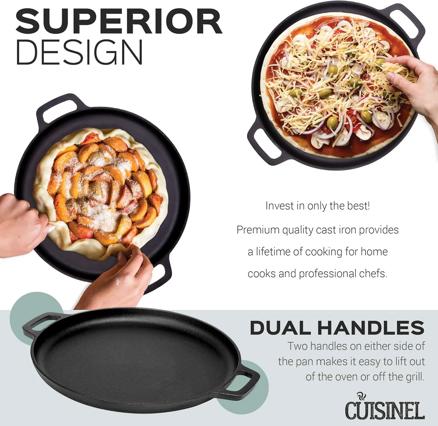 Cuisinel Pre-Seasoned Cast Iron Pizza and Baking Pan (13.5 Inch) Natural Finish, Enhanced Heat Retention and Dispersion - Stove, Oven, Grill or Campfire