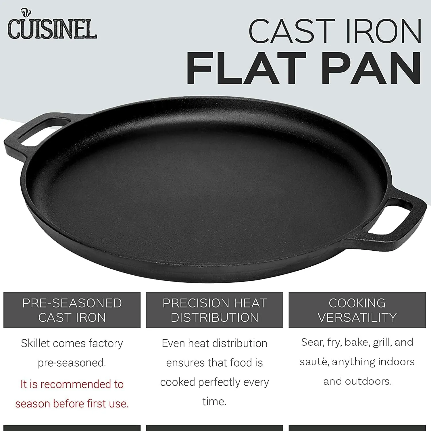 Cuisinel Pre-Seasoned Cast Iron Pizza and Baking Pan (13.5 Inch) Natural Finish, Enhanced Heat Retention and Dispersion - Stove, Oven, Grill or Campfire