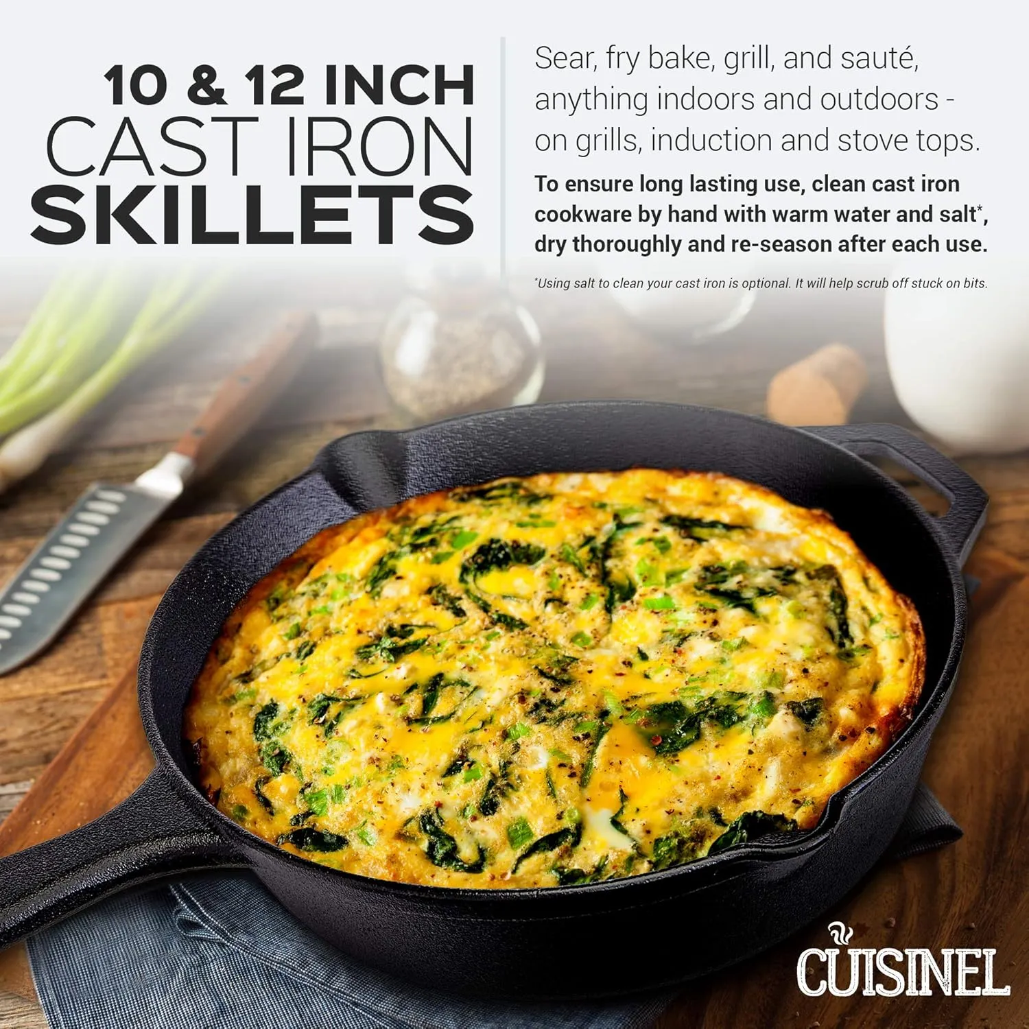 Cuisinel Pre-Seasoned Cast Iron Skillet 2-Piece Set (10-Inch and 12-Inch) Oven Safe Cookware- 2 Heat Resistant Holders