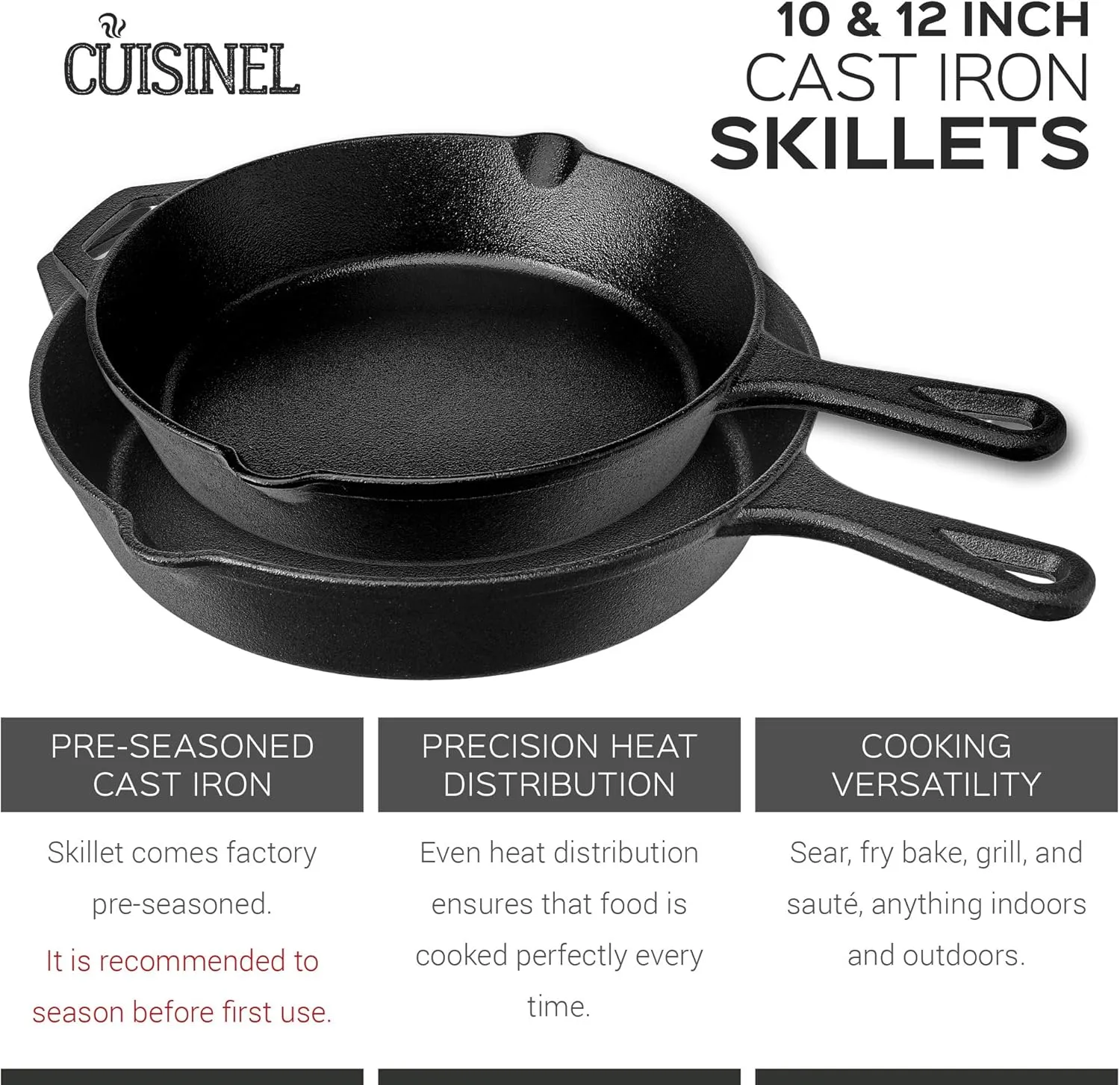 Cuisinel Pre-Seasoned Cast Iron Skillet 2-Piece Set (10-Inch and 12-Inch) Oven Safe Cookware- 2 Heat Resistant Holders