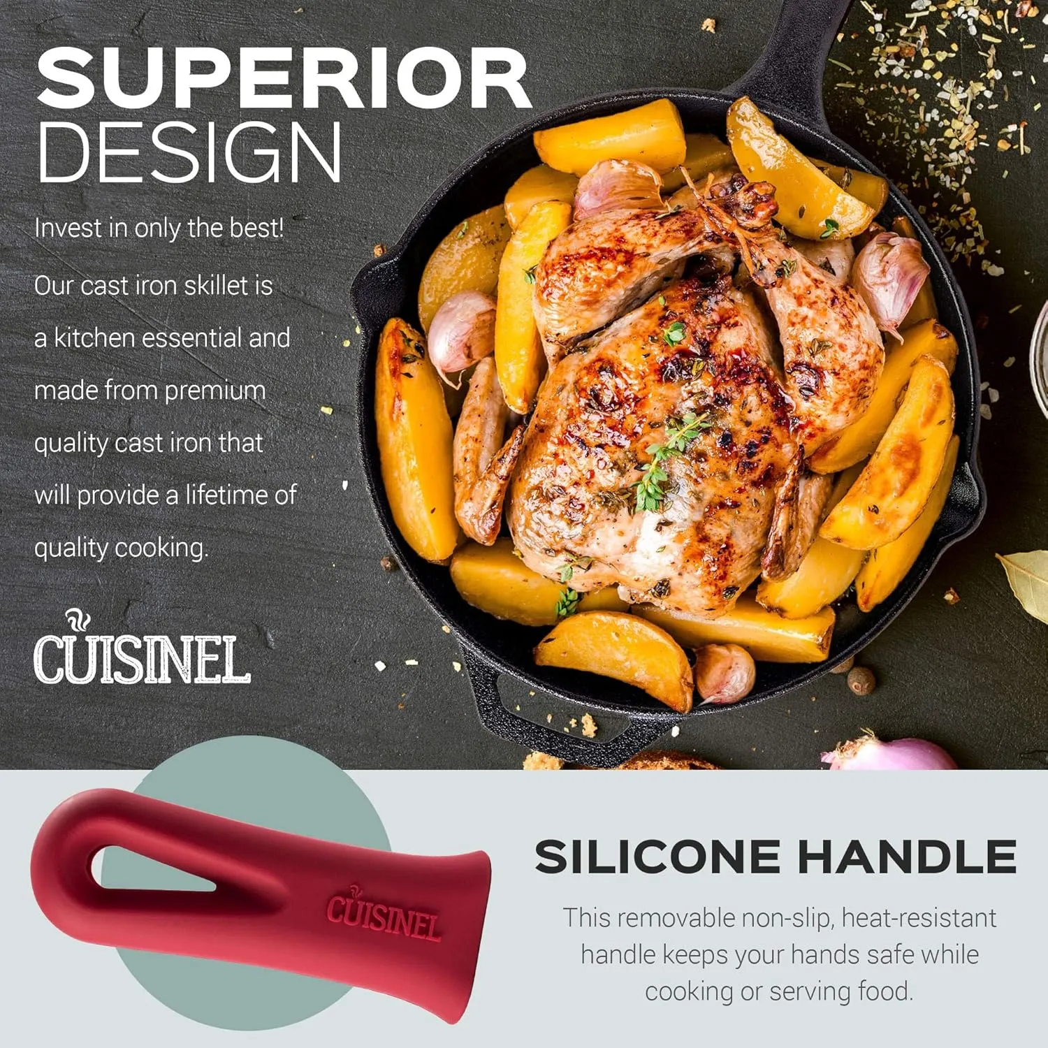 Cuisinel Pre-Seasoned Cast Iron Skillet 2-Piece Set (10-Inch and 12-Inch) Oven Safe Cookware- 2 Heat Resistant Holders