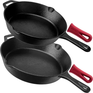 Cuisinel Pre-Seasoned Cast Iron Skillet 2-Piece Set (10-Inch and 12-Inch) Oven Safe Cookware- 2 Heat Resistant Holders