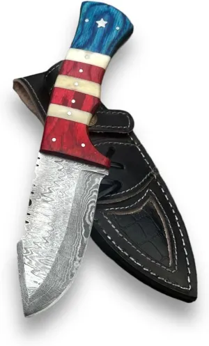 Custom Handmade Damascus Hunting Skinning Knife with Leather Sheath - Ideal for Skinning, Camping, Outdoor - EDC Fixed Blade Bushcraft Knife with Horizontal Carry Knives For Men-1219
