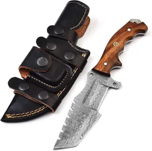 Custom Handmade Damascus Steel 10 Inches Tracker Knife Fixed Blade Hunting Knife With Sheath Perfect Grip Rosewood Handle