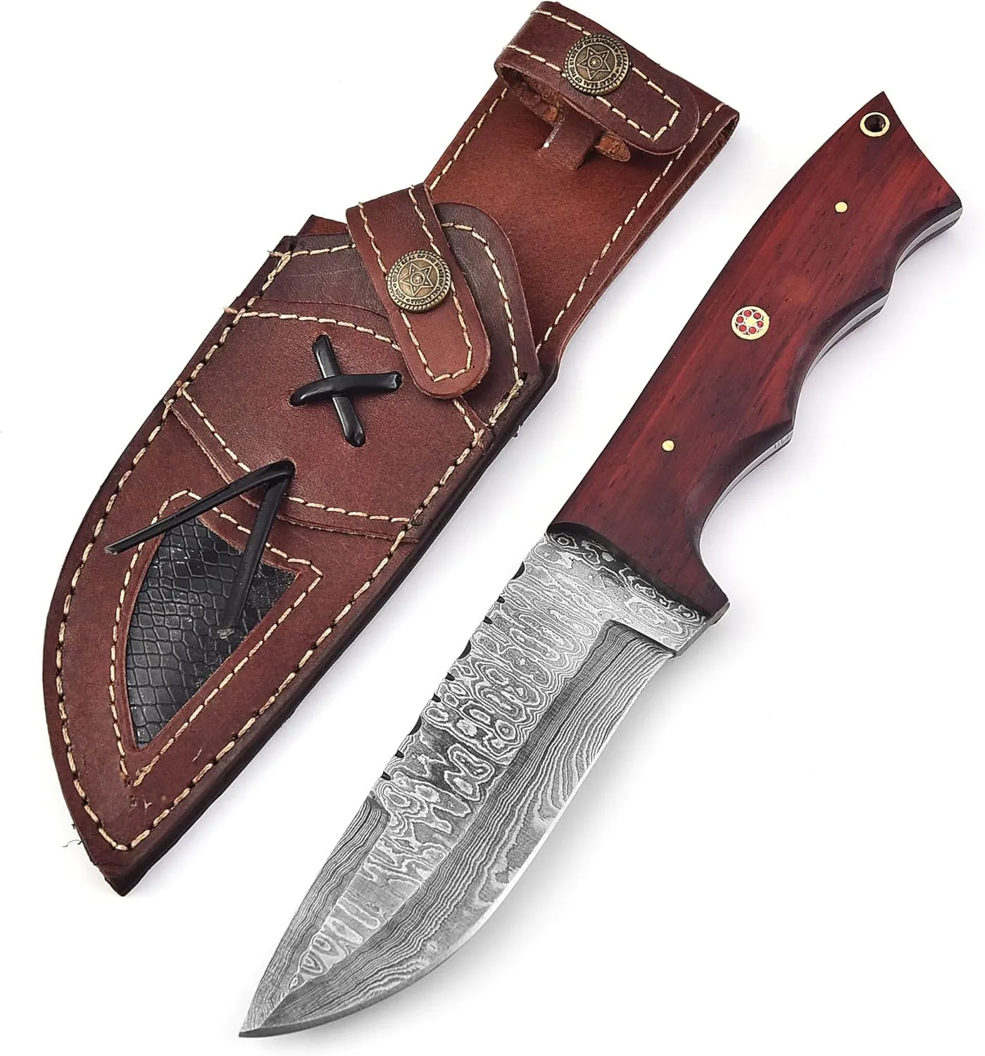 Custom Handmade Damascus Steel Fixed Blade Hunting Knife with Leather Sheath- 10inch Survival Hunting Knives for men- Belt Knife with Horizontal and Vertical carry- Bushcraft knife for Skinning Camping Outdoor
