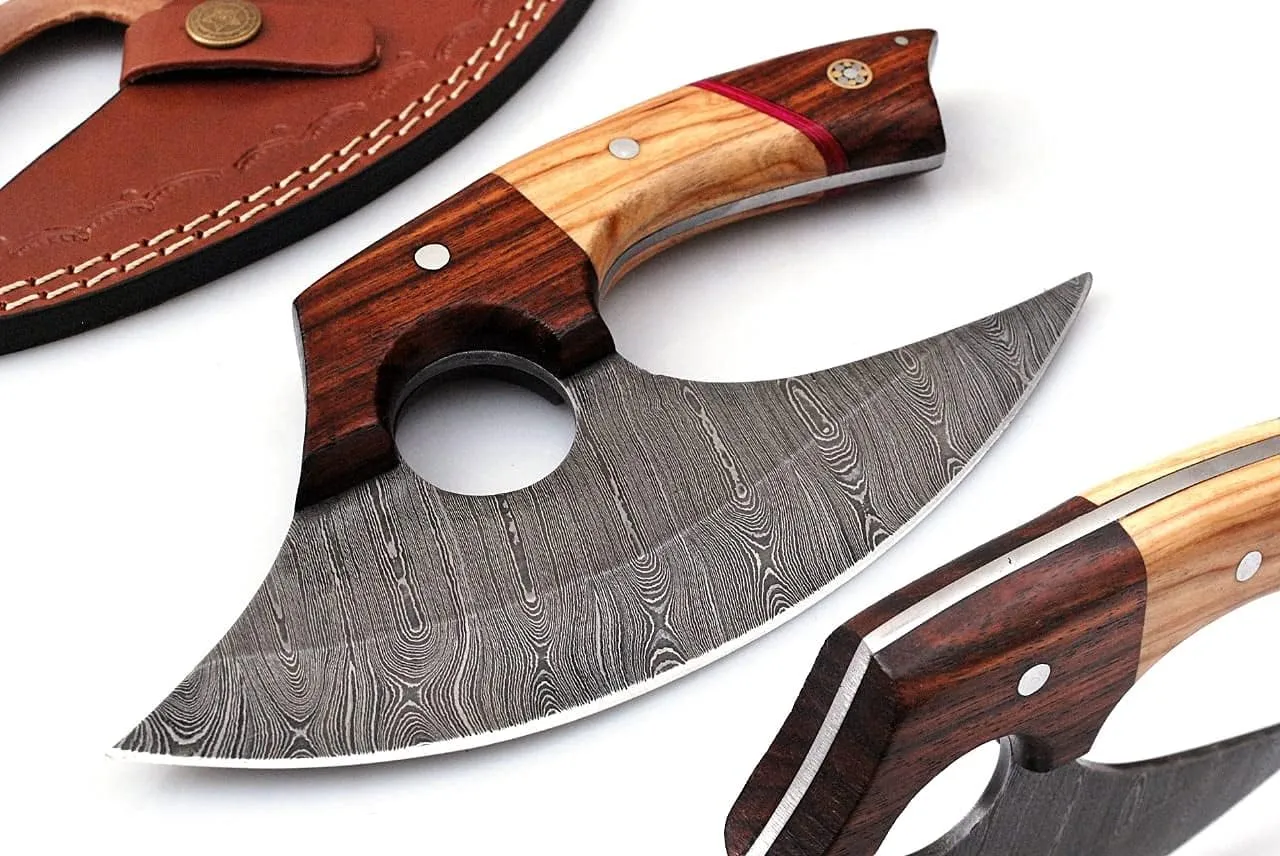 Custom Handmade Damascus Steel Ulu Knife - Alaskan Ulu Knife With Sheath - Multi-Purpose Alloy Steel Knife For Skinning, Hunting, Chopping, (Rose Wood & Olive)
