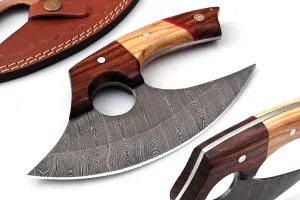 Custom Handmade Damascus Steel Ulu Knife - Alaskan Ulu Knife With Sheath - Multi-Purpose Alloy Steel Knife For Skinning, Hunting, Chopping, (Rose Wood & Olive)