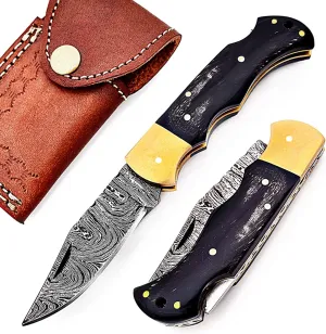 Custom made Damascus steel Folding Knife Black horn 6.5’’ Beautiful Damascus Steel Knife Brass Bolster Folding Knife Back Lock 100% Prime Quality Pocket Knife Razor sharp cutting Edge come with Leathe