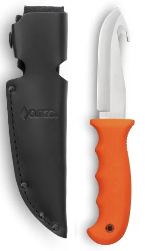 CUTCO Model 5717 Orange STRAIGHT EDGE Gut Hook Hunting Knife .......High Carbon, Stainless 4 3/8" SE Blade............5 7/8" Durable Kraton handle........Leather sheath and lanyard included.