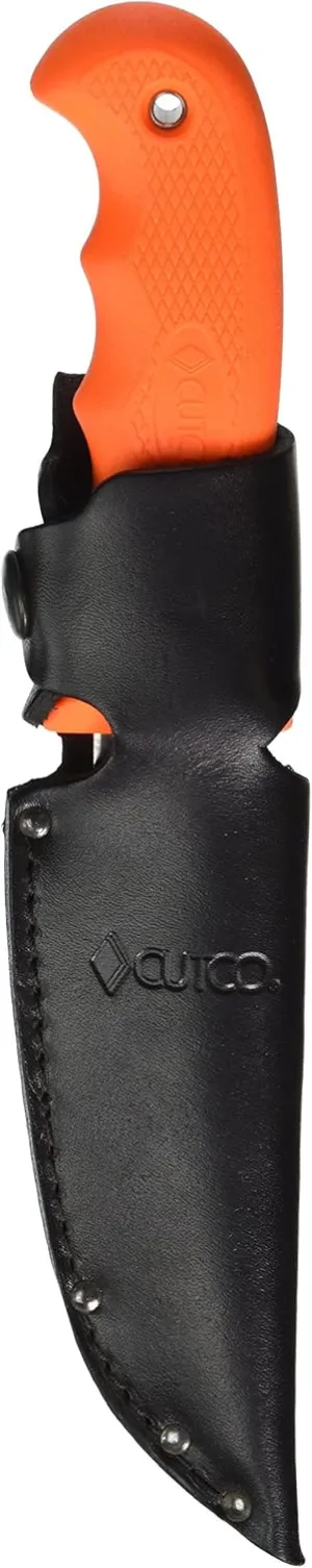 CUTCO Model 5719 Orange STRAIGHT EDGE Clip Point Knife ........High Carbon, Stainless 4 3/8" Blade............5 7/8" Durable Kraton handle........Leather sheath and lanyard included.