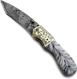 Damascus Handmade Bowie Folding Pocket Knife for Hunting,Survival,Camping,Bushcraft and Fishing with Full Tang Sheep Horn Handle withCowHide-Leather Sheath WFD-2556