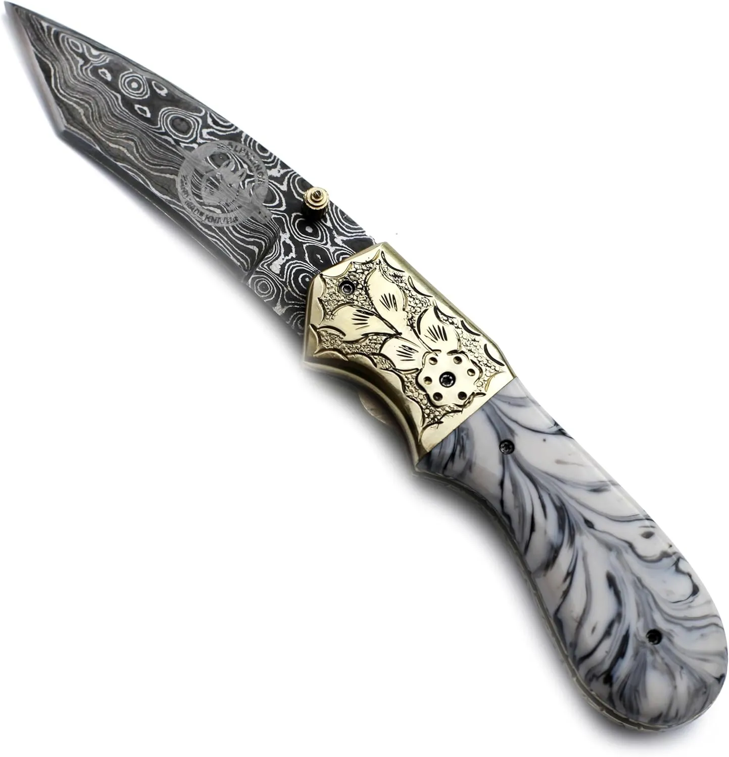 Damascus Handmade Bowie Folding Pocket Knife for Hunting,Survival,Camping,Bushcraft and Fishing with Full Tang Sheep Horn Handle withCowHide-Leather Sheath WFD-2556