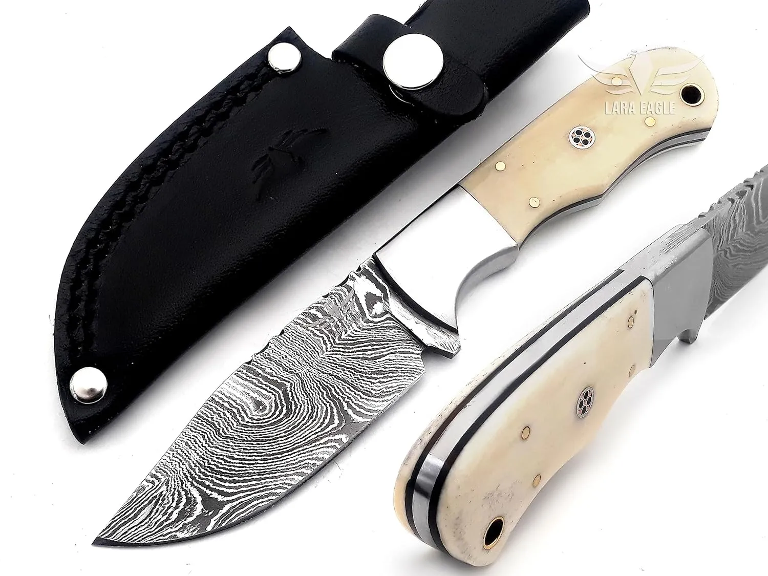 Damascus Hunting Knife - Fixed Blade Handmade Skinner with Sheath - 7.5 inch Survival Knife Great for Camping, Hunting - Camel bone Handle with mosaic pin, Gift for Husband, Anniversary, Dad (Camel bone)