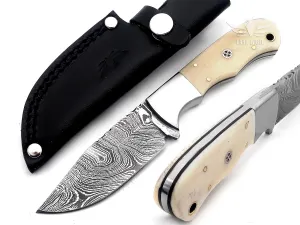 Damascus Hunting Knife - Fixed Blade Handmade Skinner with Sheath - 7.5 inch Survival Knife Great for Camping, Hunting - Camel bone Handle with mosaic pin, Gift for Husband, Anniversary, Dad (Camel bone)