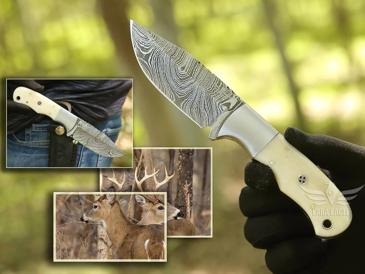 Damascus Hunting Knife - Fixed Blade Handmade Skinner with Sheath - 7.5 inch Survival Knife Great for Camping, Hunting - Camel bone Handle with mosaic pin, Gift for Husband, Anniversary, Dad (Camel bone)