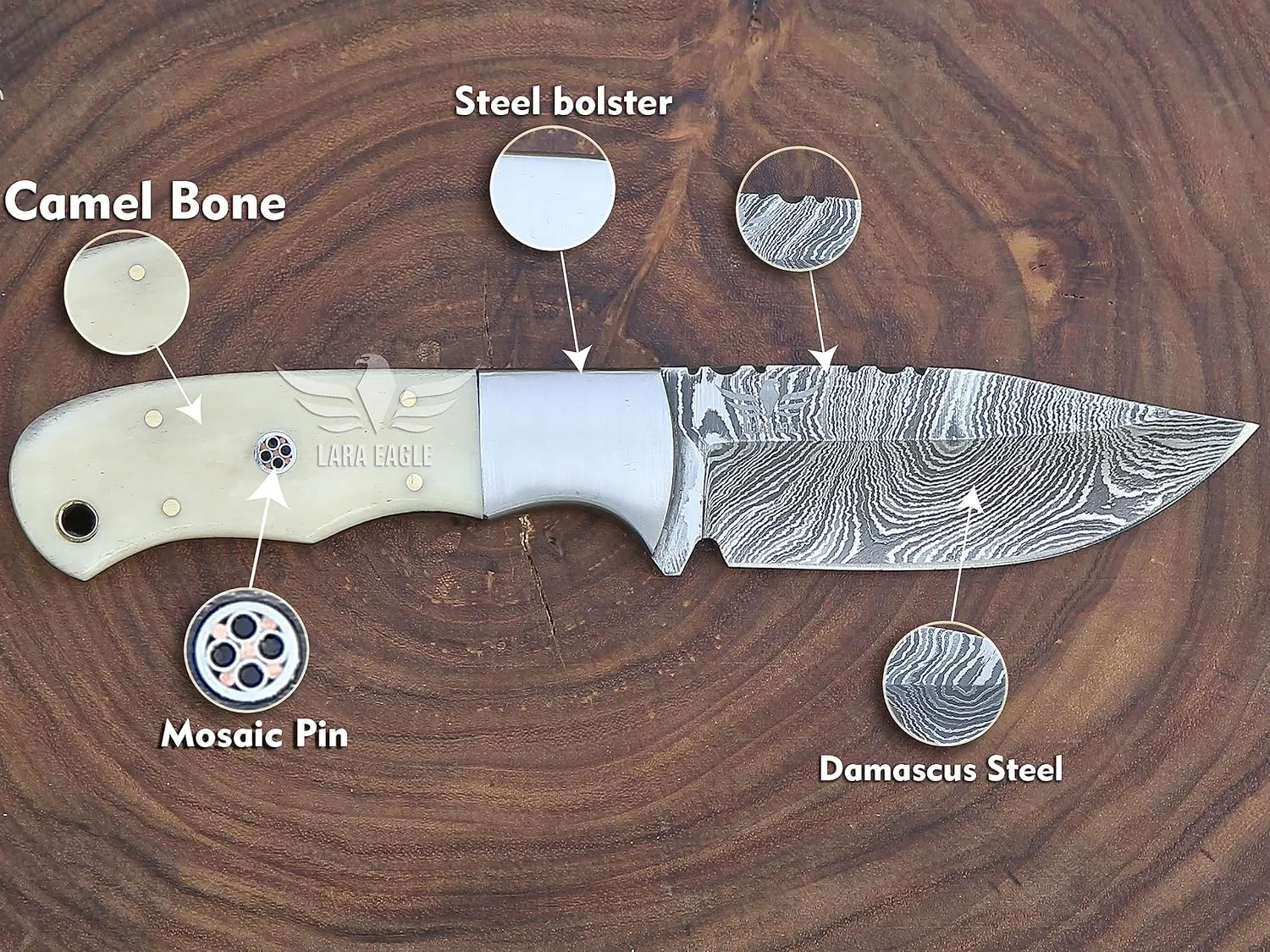Damascus Hunting Knife - Fixed Blade Handmade Skinner with Sheath - 7.5 inch Survival Knife Great for Camping, Hunting - Camel bone Handle with mosaic pin, Gift for Husband, Anniversary, Dad (Camel bone)