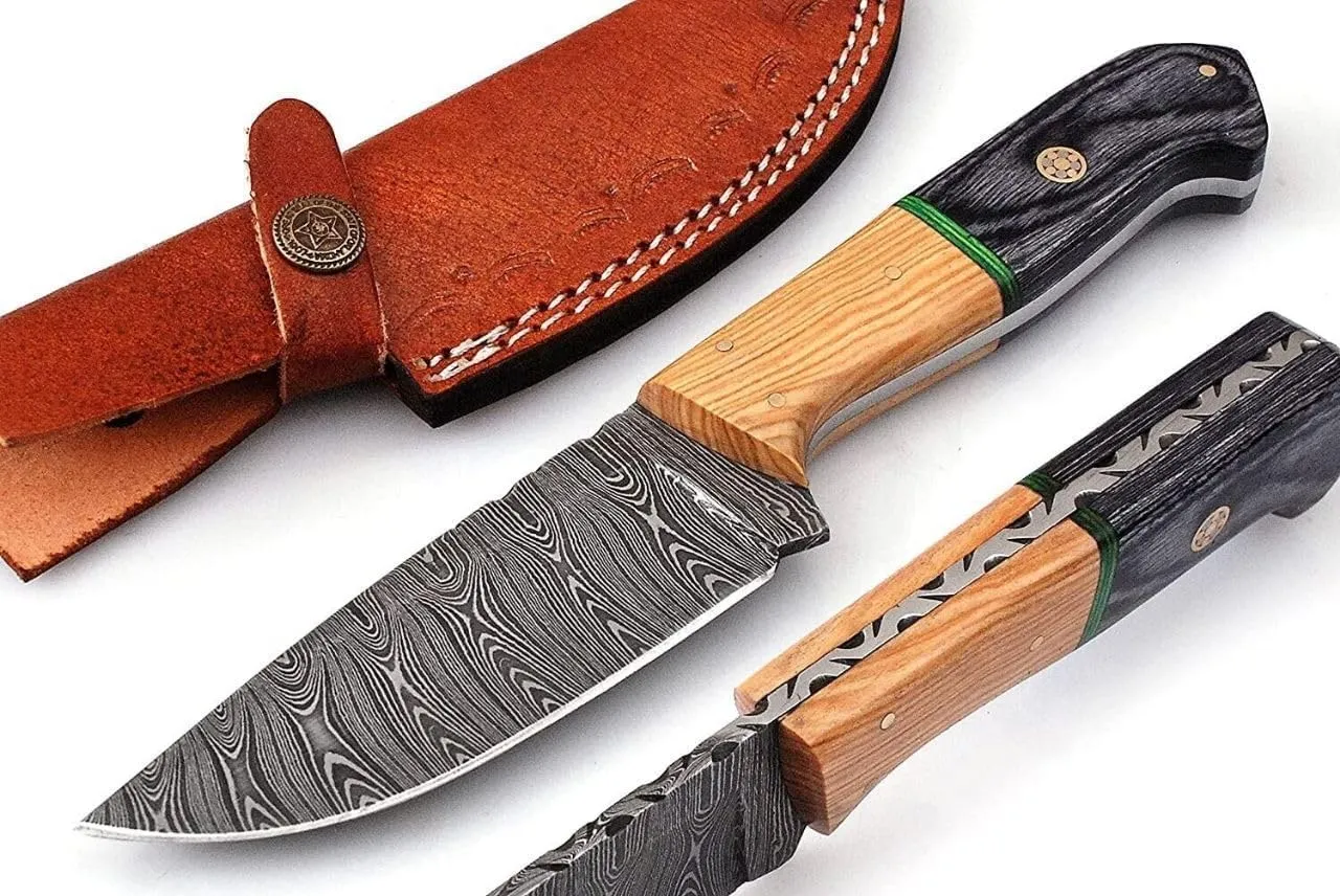 Damascus Knives Custom Handmade Hunting Knife- Best Damascus Steel Blade Skinning Knifes - Fixed Blade Hunting Knife's With Leather Sheath Belt Loop (Black Handle 9" Knife)