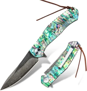 Damascus Pocket Knife, Folding Knife with Leather Sheath & Clip, Ball Bearing Abalone Handle Handle EDC Knife, 3.25" Blade for Fishing Camping Outdoor Cool Knives