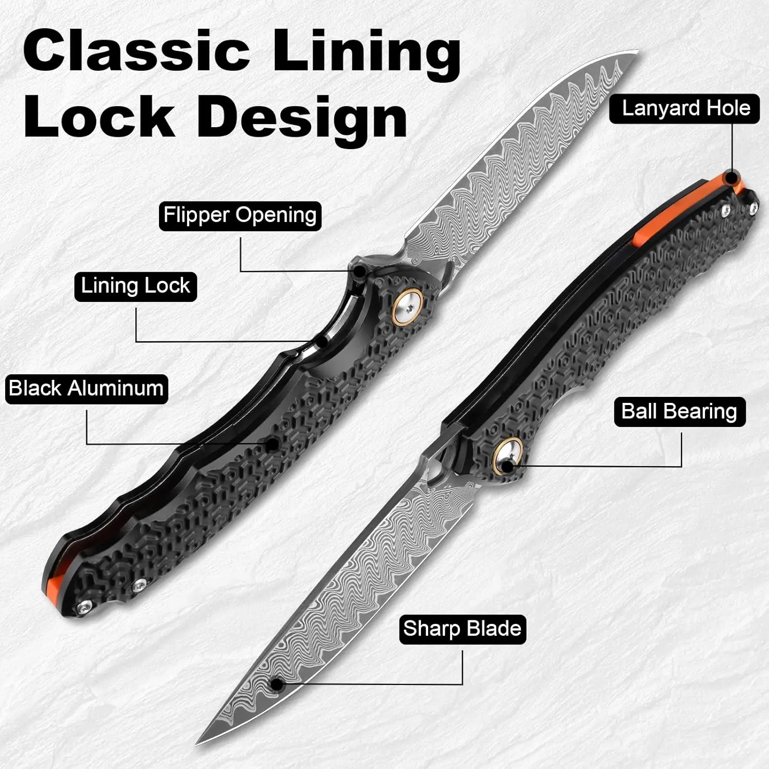 Damascus Pocket Knife for Men Women, 3.35" VG10 Core Damascus Steel Blade Folding Knives with Black Aluminum Handle, EDC Camping Knife