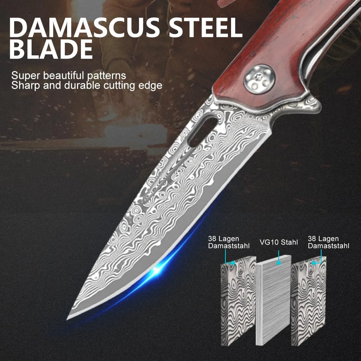 Damascus Pocket Knife with Clip Unique Wooden Handle Cool Folding Knives for Men Women,Pocket Knives & Folding Knives for Camping Fishing Hiking Hunting Gift