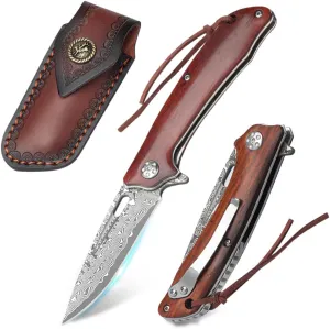 Damascus Pocket Knife with Clip Unique Wooden Handle Cool Folding Knives for Men Women,Pocket Knives & Folding Knives for Camping Fishing Hiking Hunting Gift