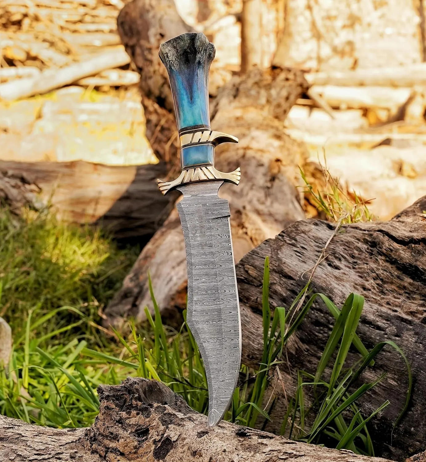 Damascus Steel Hunting Knife - Fixed Blade Knives with Sheath - Firm Grip Handle Made of Camel Bone (Blue)