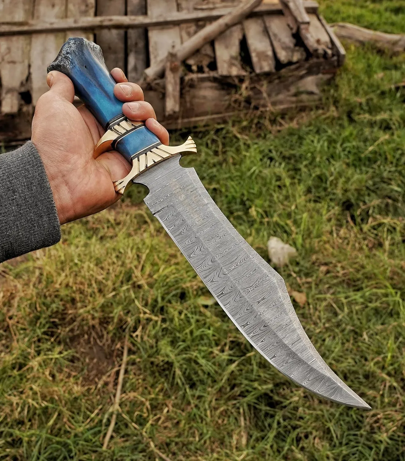 Damascus Steel Hunting Knife - Fixed Blade Knives with Sheath - Firm Grip Handle Made of Camel Bone (Blue)