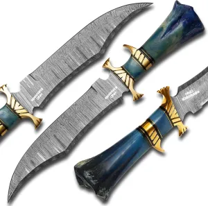 Damascus Steel Hunting Knife - Fixed Blade Knives with Sheath - Firm Grip Handle Made of Camel Bone (Blue)