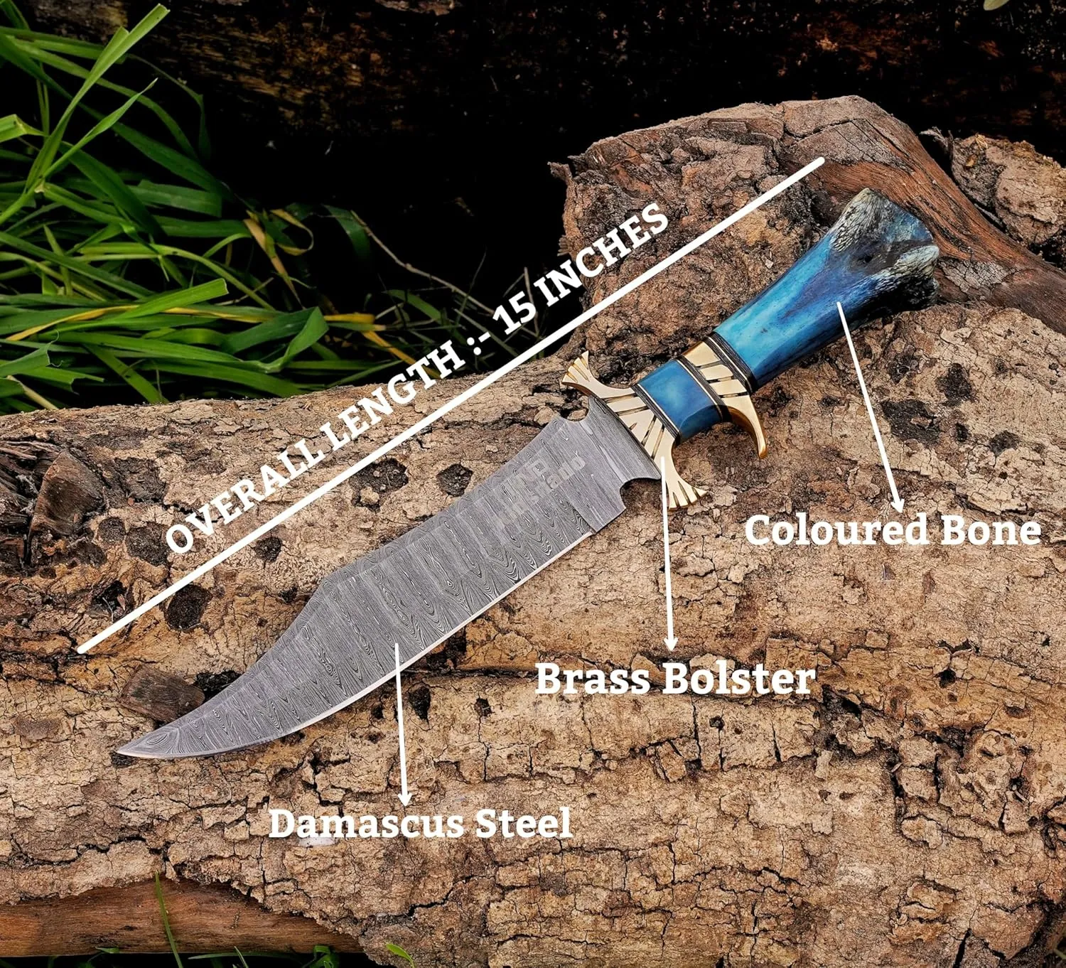 Damascus Steel Hunting Knife - Fixed Blade Knives with Sheath - Firm Grip Handle Made of Camel Bone (Blue)