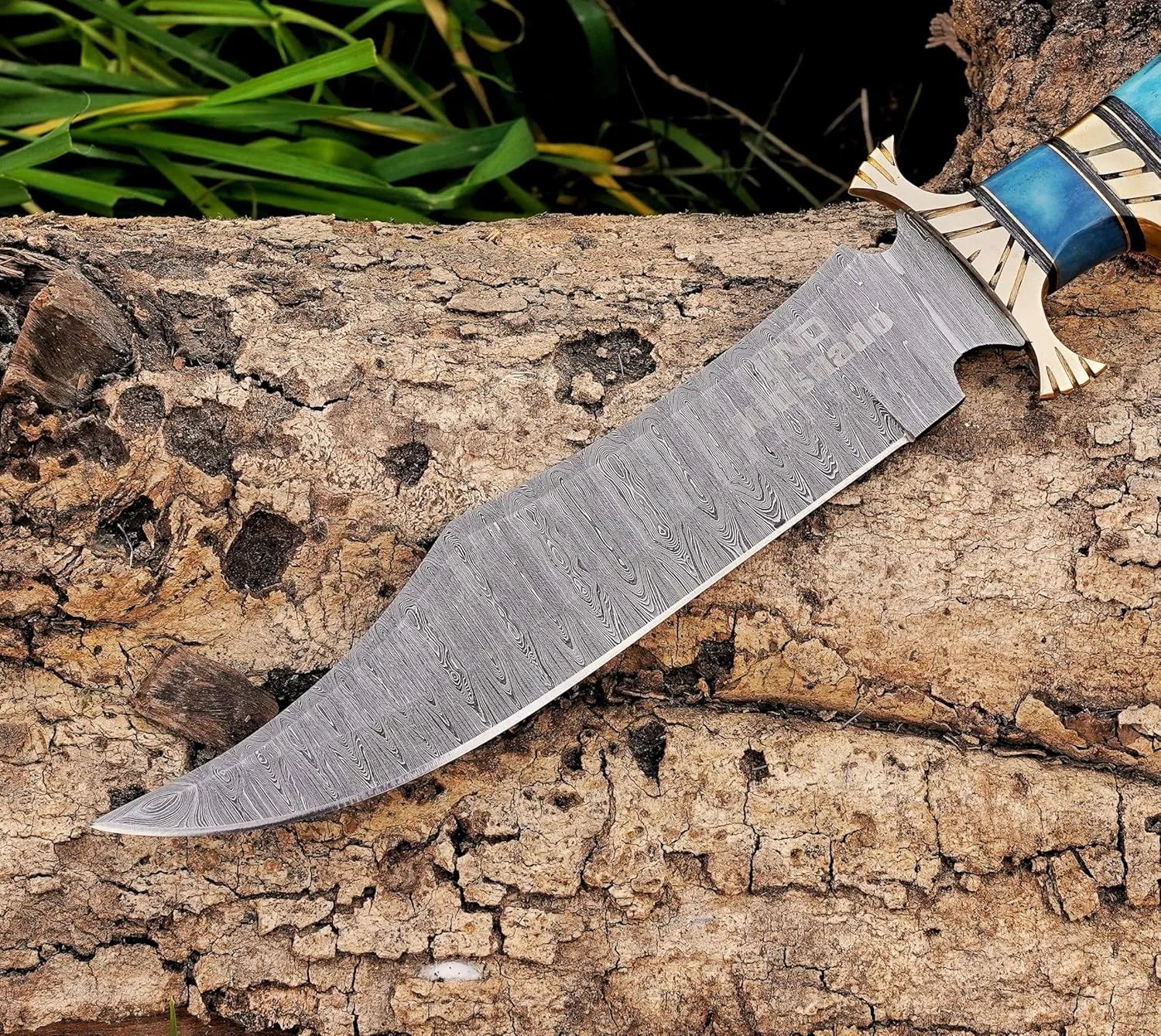 Damascus Steel Hunting Knife - Fixed Blade Knives with Sheath - Firm Grip Handle Made of Camel Bone (Blue)