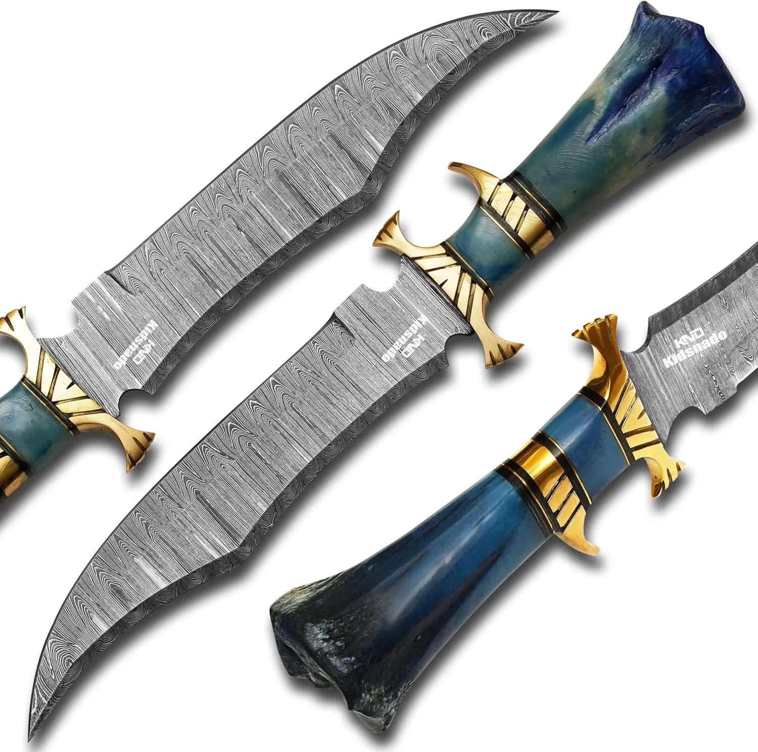 Damascus Steel Hunting Knife - Fixed Blade Knives with Sheath - Firm Grip Handle Made of Camel Bone (Blue)
