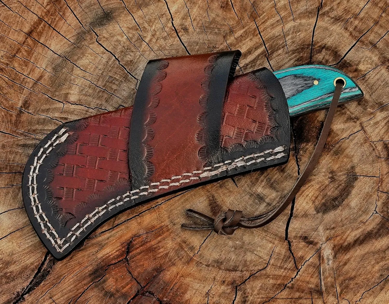 Damascuss Steel Lineman's Hawkbill Knife, Fixed Blade Full Tang, Turquoise Handle with Leather Sheath gift for men.