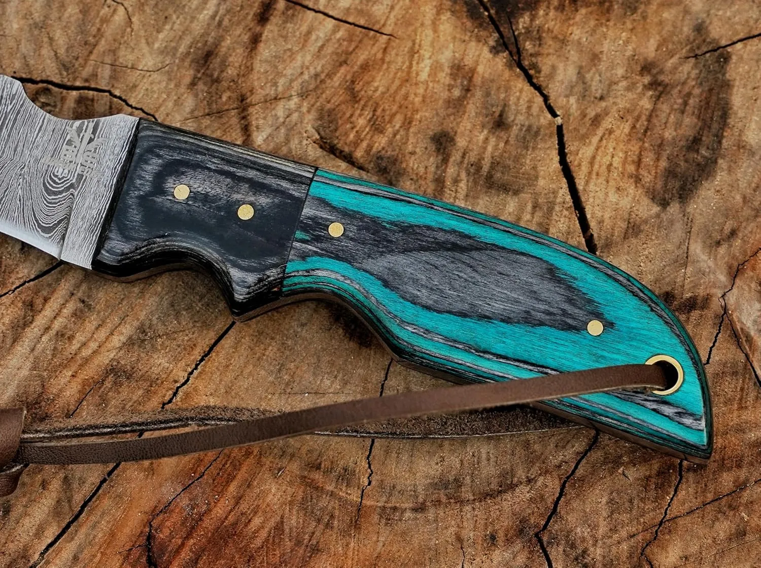 Damascuss Steel Lineman's Hawkbill Knife, Fixed Blade Full Tang, Turquoise Handle with Leather Sheath gift for men.